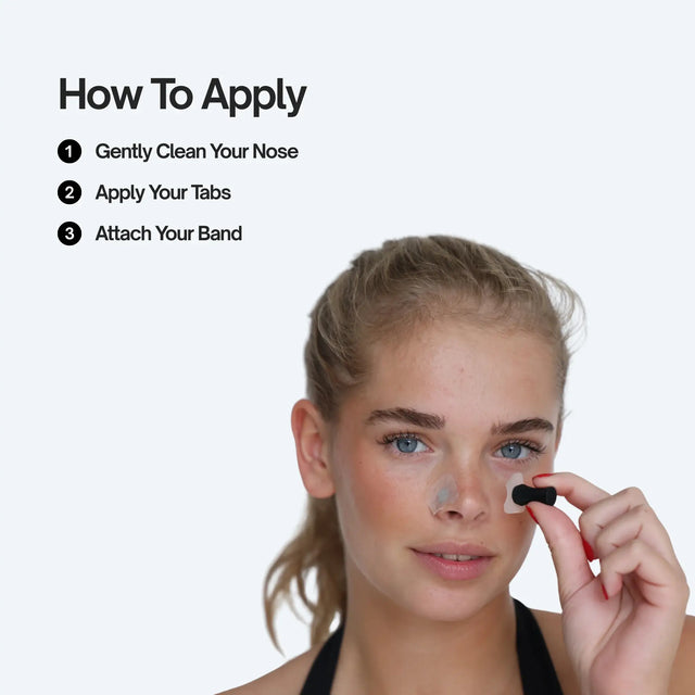Step-by-step guide on applying a nose strip with a person demonstrating the process.