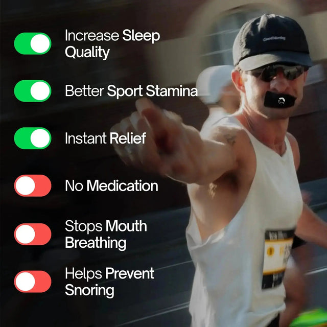 Person running with a mouthtape, features of the mouthtape displayed on screen