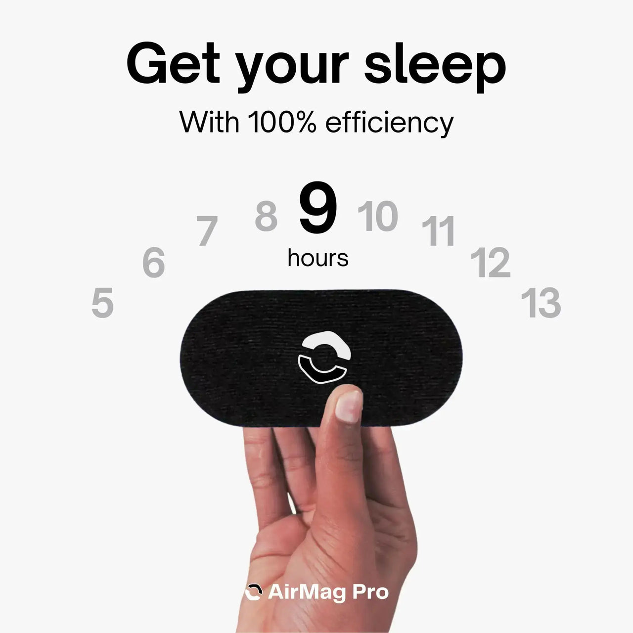 Hand holding a black device with 'AirMag Pro' branding, showing '9 hours' on a white background.