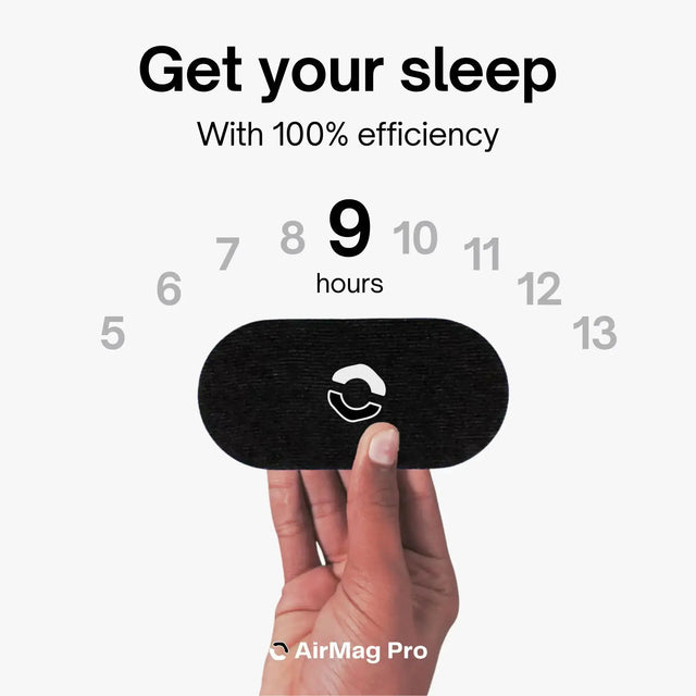 Hand holding a black device with 'AirMag Pro' branding, showing '9 hours' on a white background.