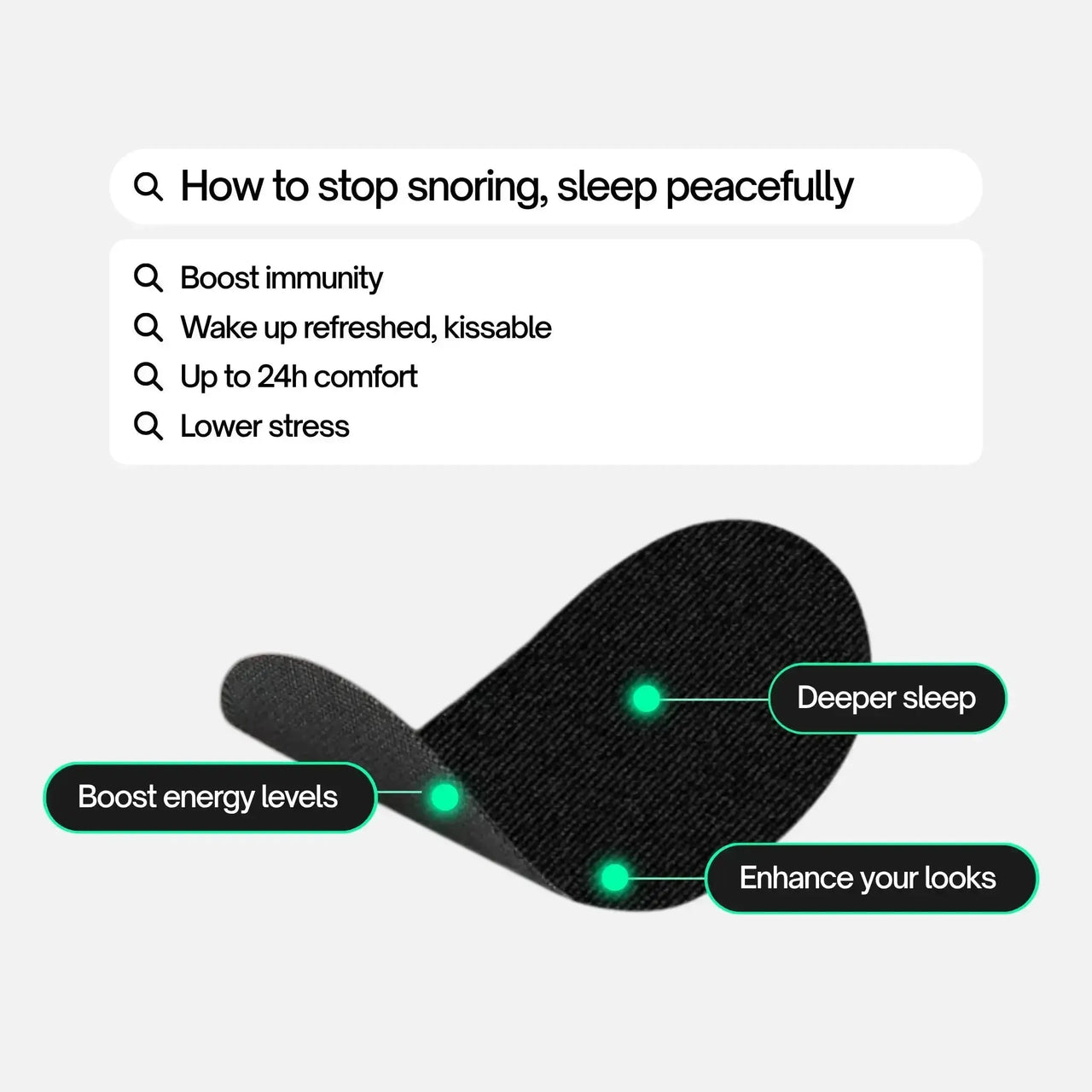 Product with text on how to stop snoring and improve sleep quality