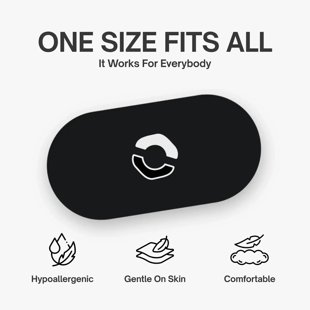 Black sleep mask with AirMag Pro logo on a white background, featuring text 'One Size Fits All' and icons for hypoallergenic, gentle on skin, and comfortable.