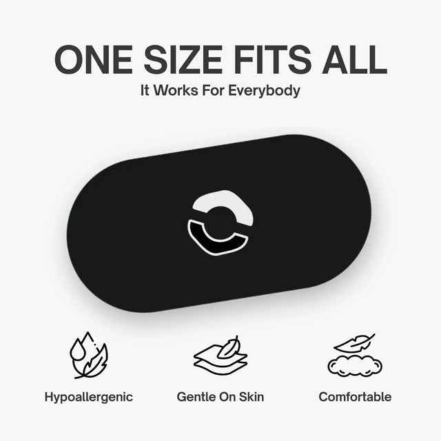 Black sleep mask with AirMag Pro logo on a white background, featuring text 'One Size Fits All' and icons for hypoallergenic, gentle on skin, and comfortable.