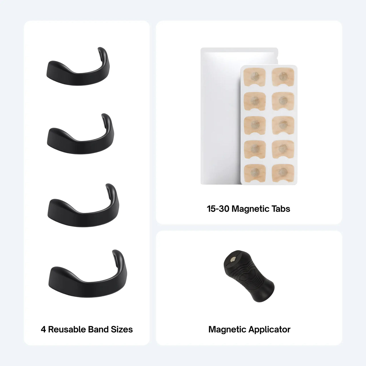 Collection of black magnetic nasal strip bands, a white box with wooden tabs, and a black magnetic applicator on a light gray background.